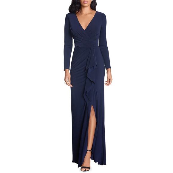 NWT Betsy Adam Cascade Ruffle Maxi Jersey Gown Women's Navy Blue Size 10 - Picture 2 of 8